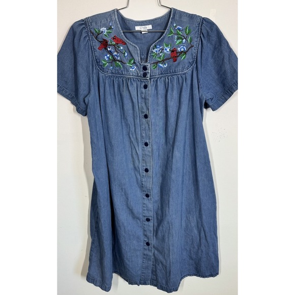 Go Softly Patio Snap Up Denim Dress‎ Embroidered Cardinals Pockets Size L Duster - Picture 1 of 11